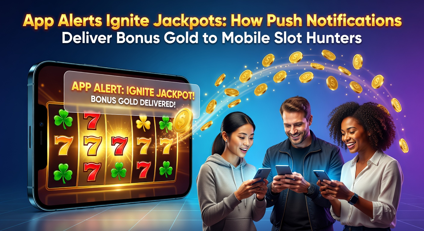Mobile phone screen showing a push notification alert for a slot jackpot bonus, with golden coins and spinning reels in the background