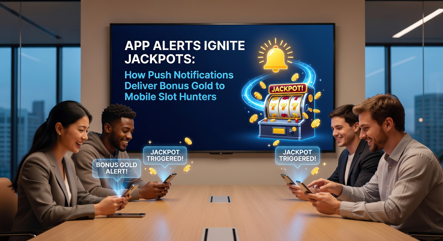 Illustration of a jackpot explosion on a mobile slot screen triggered by a push notification, featuring cascading gold coins and excited player avatars