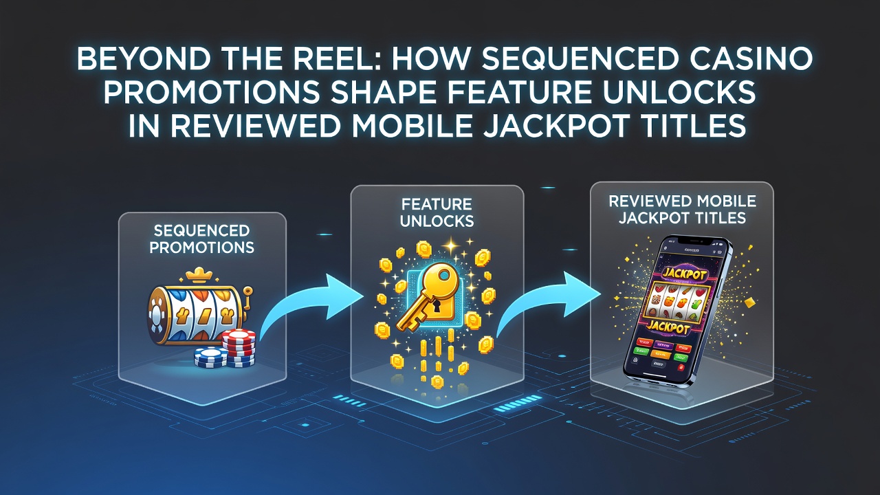 Mobile jackpot slot interface displaying sequenced promotion triggers and feature unlock indicators
