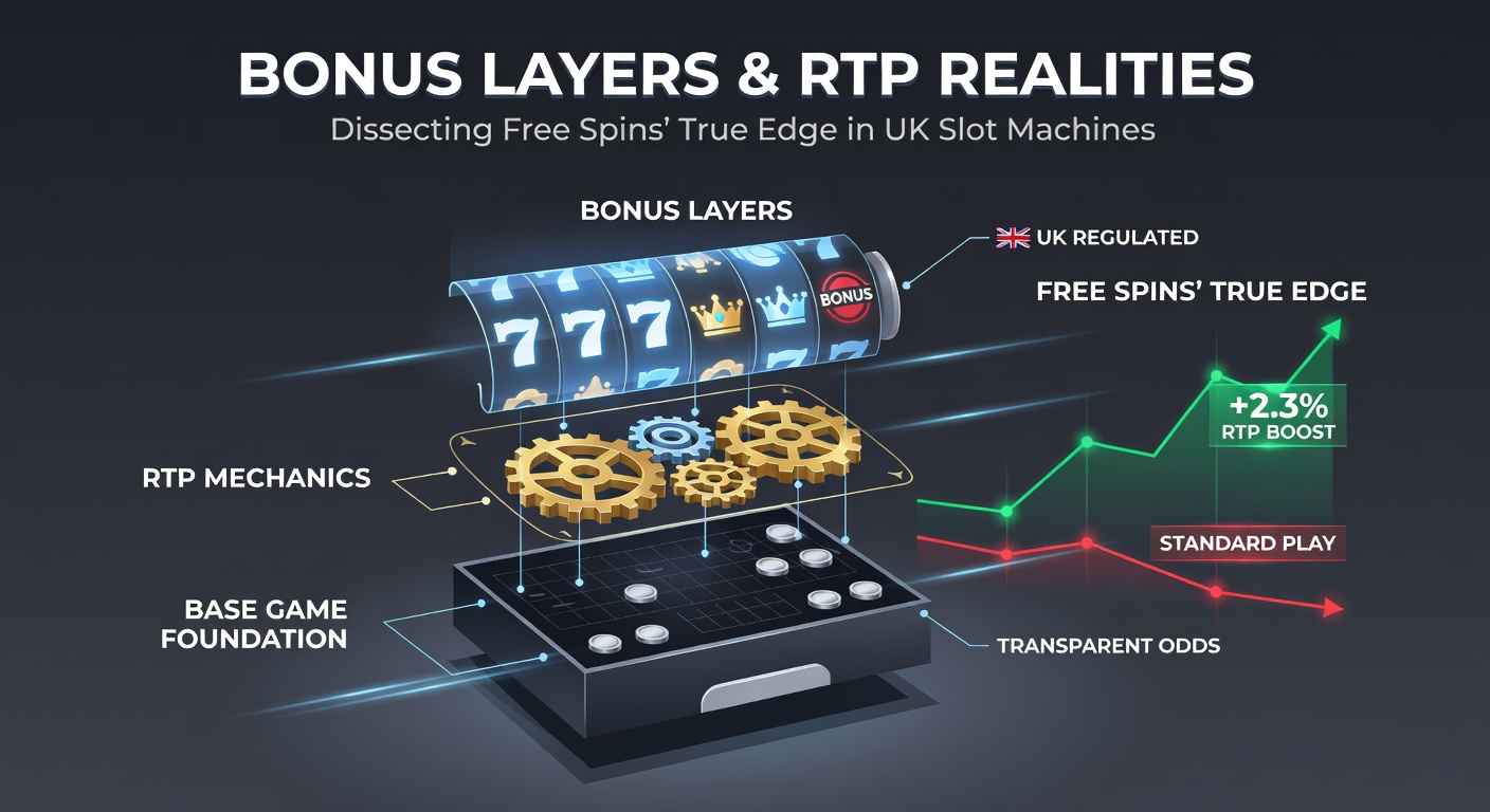 Digital illustration of layered slot machine reels with glowing free spin icons and RTP percentage overlays, symbolizing bonus complexity in UK online gaming