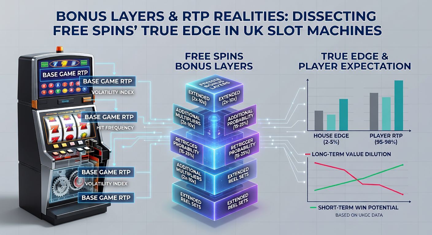 Close-up graphic of a slot screen mid-free spins bonus, showing cascading wins, multipliers stacking, and RTP meter fluctuating, highlighting bonus layer dynamics
