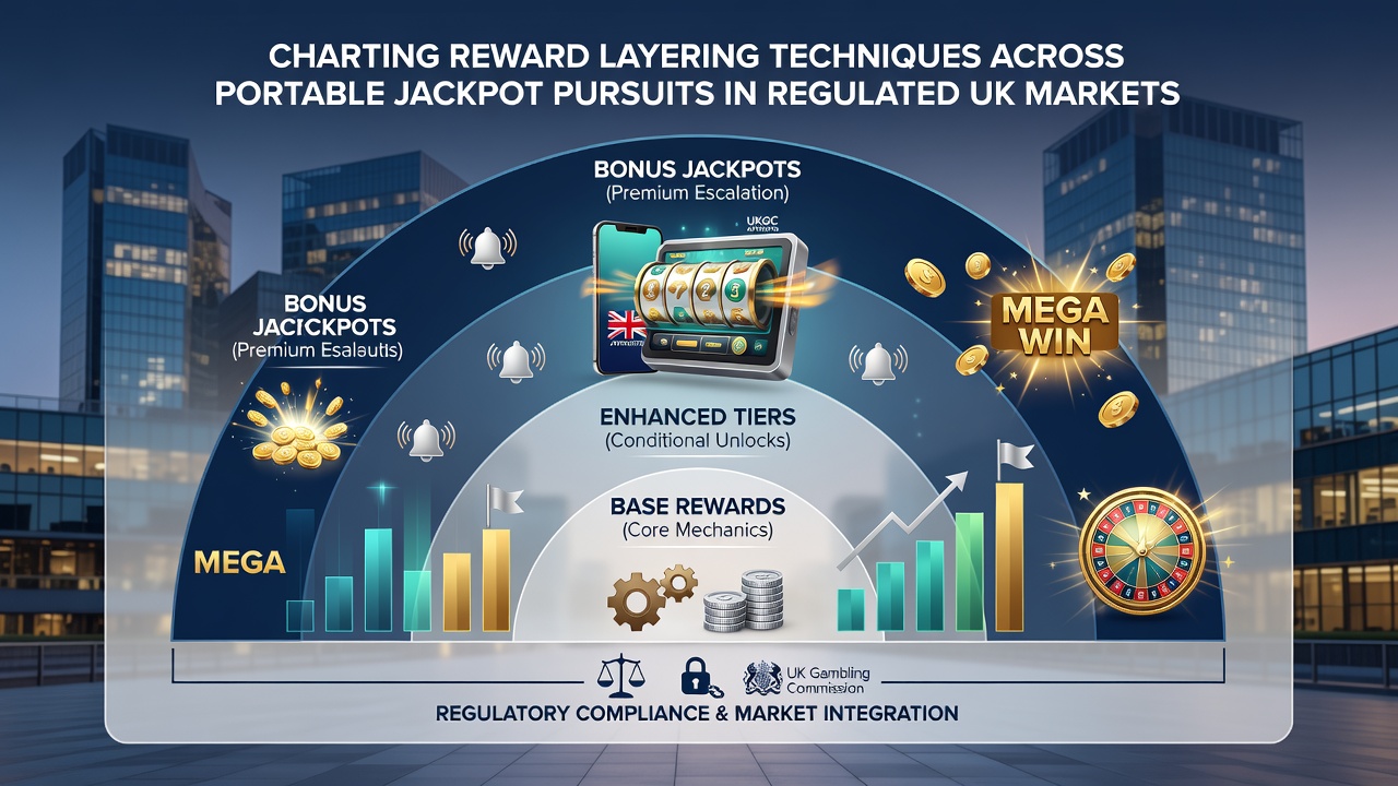Mobile device displaying stacked jackpot rewards and layered bonus indicators during a UK-regulated session