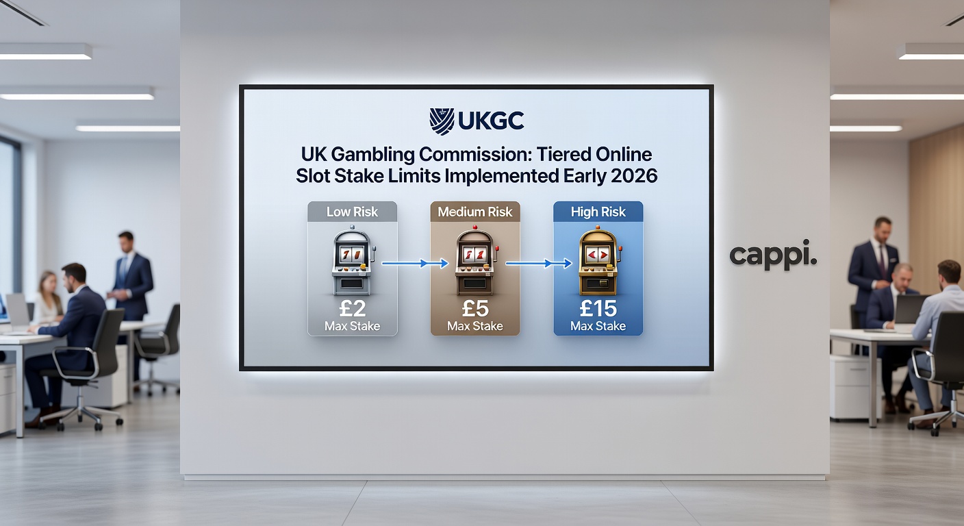 Close-up graphic of a slot machine interface displaying £2 and £5 stake limit warnings for different age groups, with UKGC logo and calendar marking early 2026 rollout