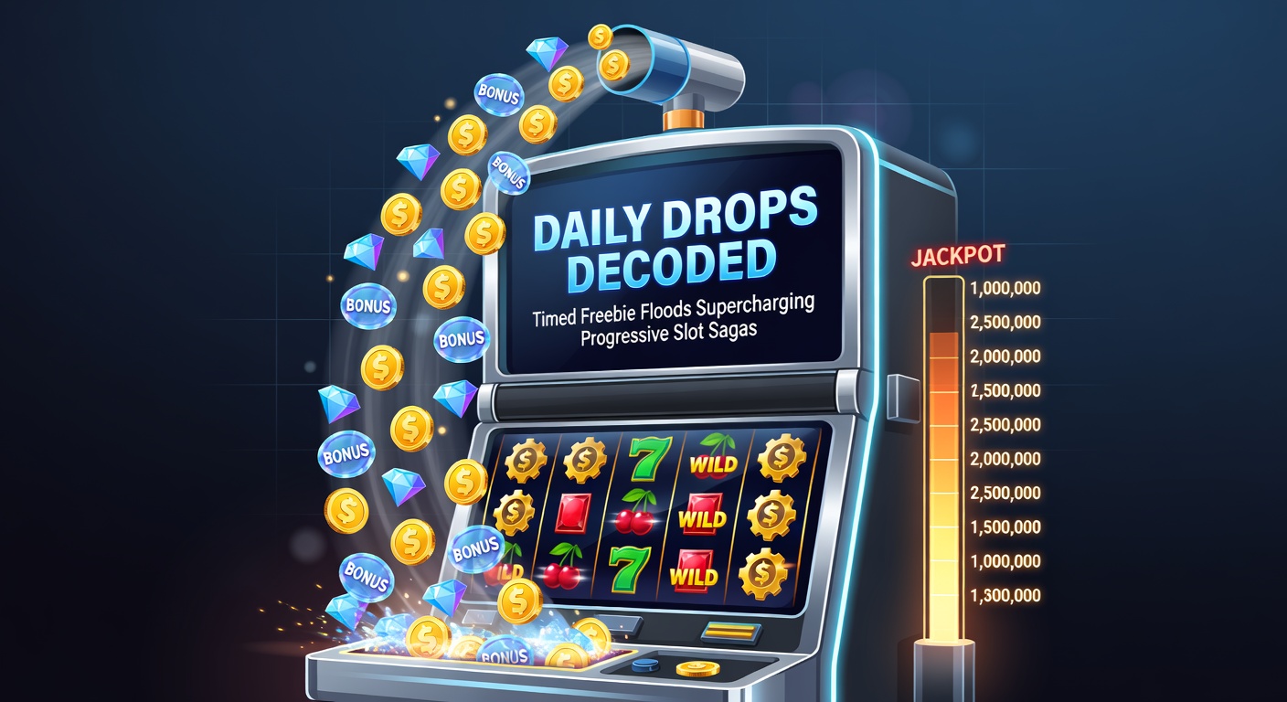 Vibrant slot screen showing a daily drop timer ticking down amid cascading free spins and rising progressive jackpots