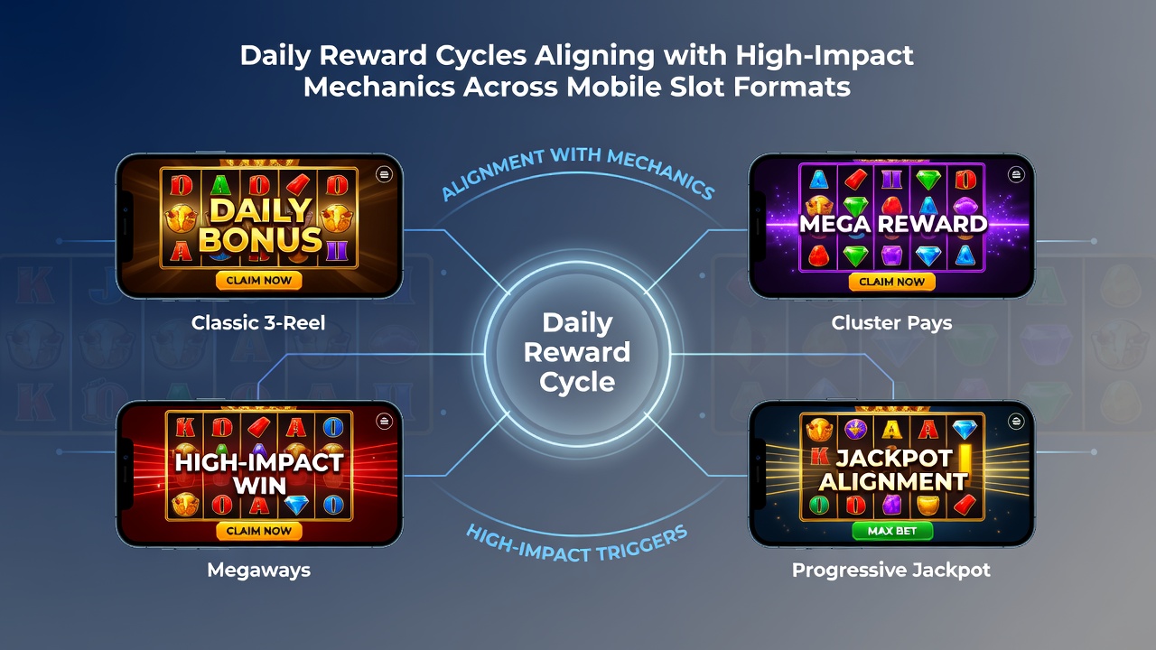 Mobile slot interface showing daily reward timer aligned with multiplier features and progressive jackpot indicators