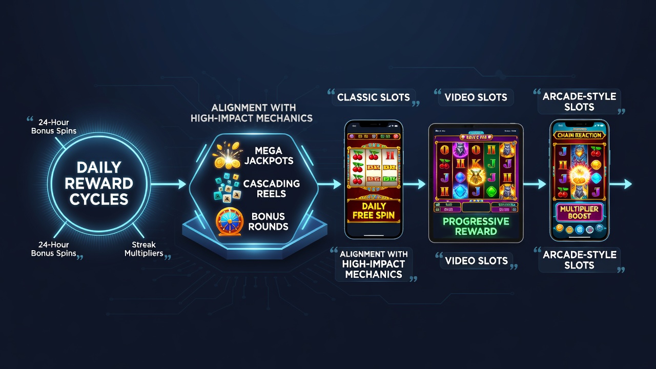 Close-up of mobile slot gameplay with daily streak counter next to a high-impact bonus round featuring stacked multipliers