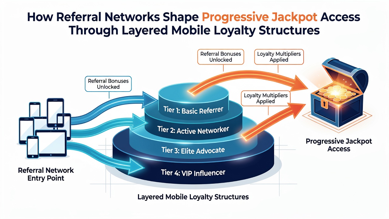 Layered loyalty dashboard showing referral bonuses feeding into progressive jackpot meters