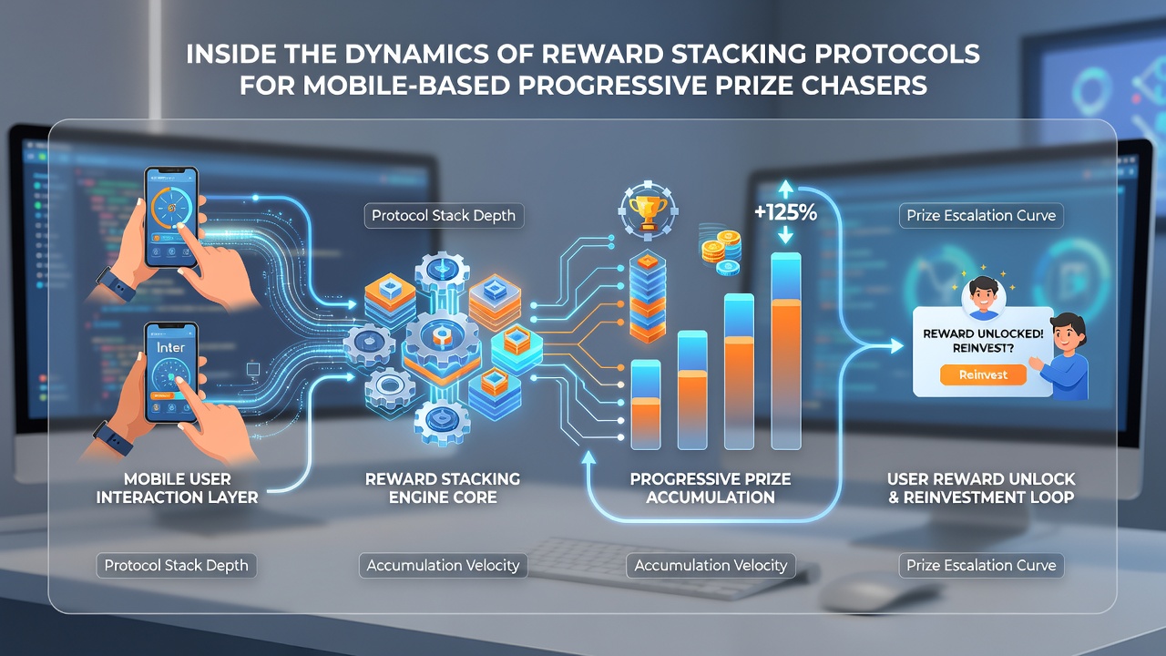 Infographic showing timeline of stacked reward activations across a 24-hour mobile gaming period with progressive jackpot meter updates