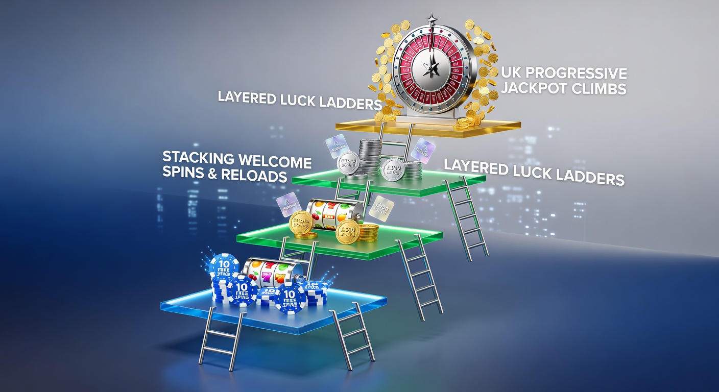 Infographic ladder graphic showing welcome spins at base, reload bonuses midway, and progressive jackpot summit, with UK slot icons climbing each rung