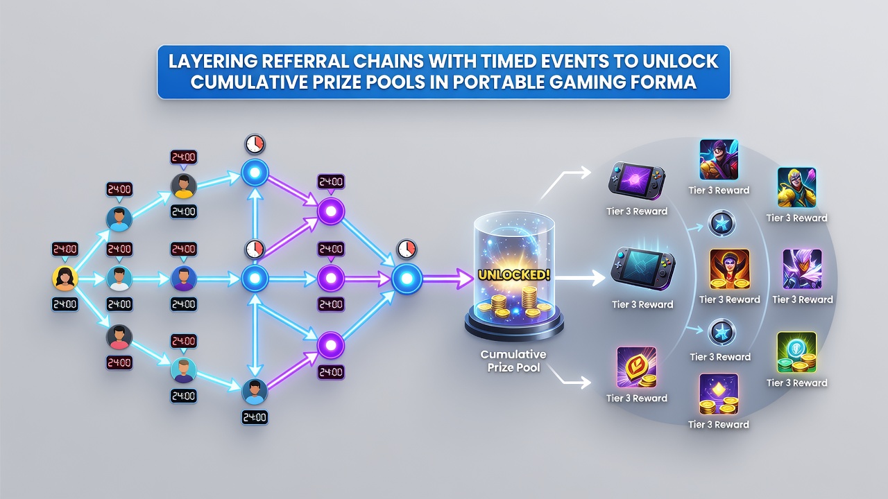Cumulative prize pool dashboard on a mobile device with layered referral progress indicators