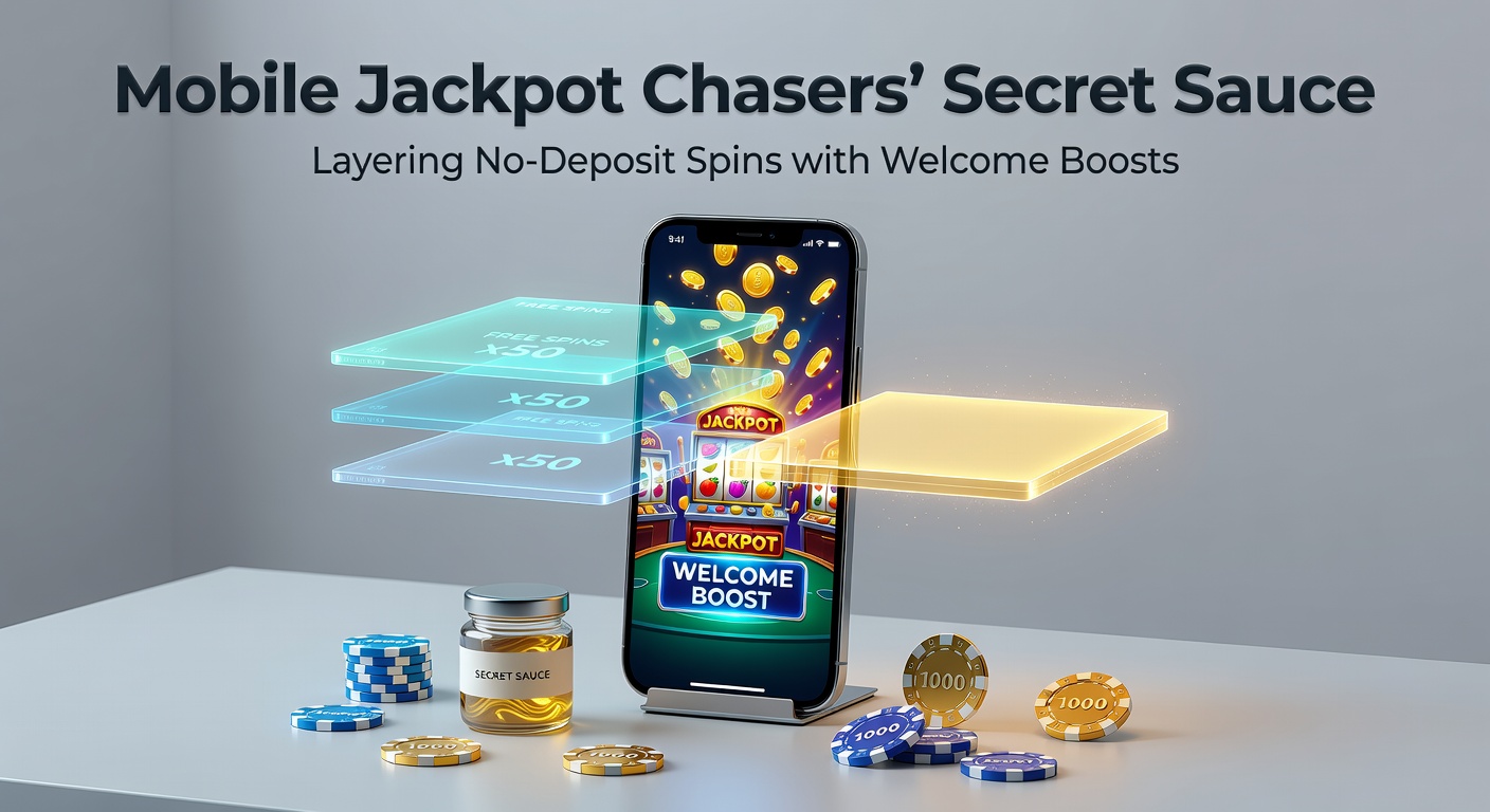 Mobile screen showing layered slot bonuses with no-deposit spins activating jackpot features alongside welcome boost multipliers