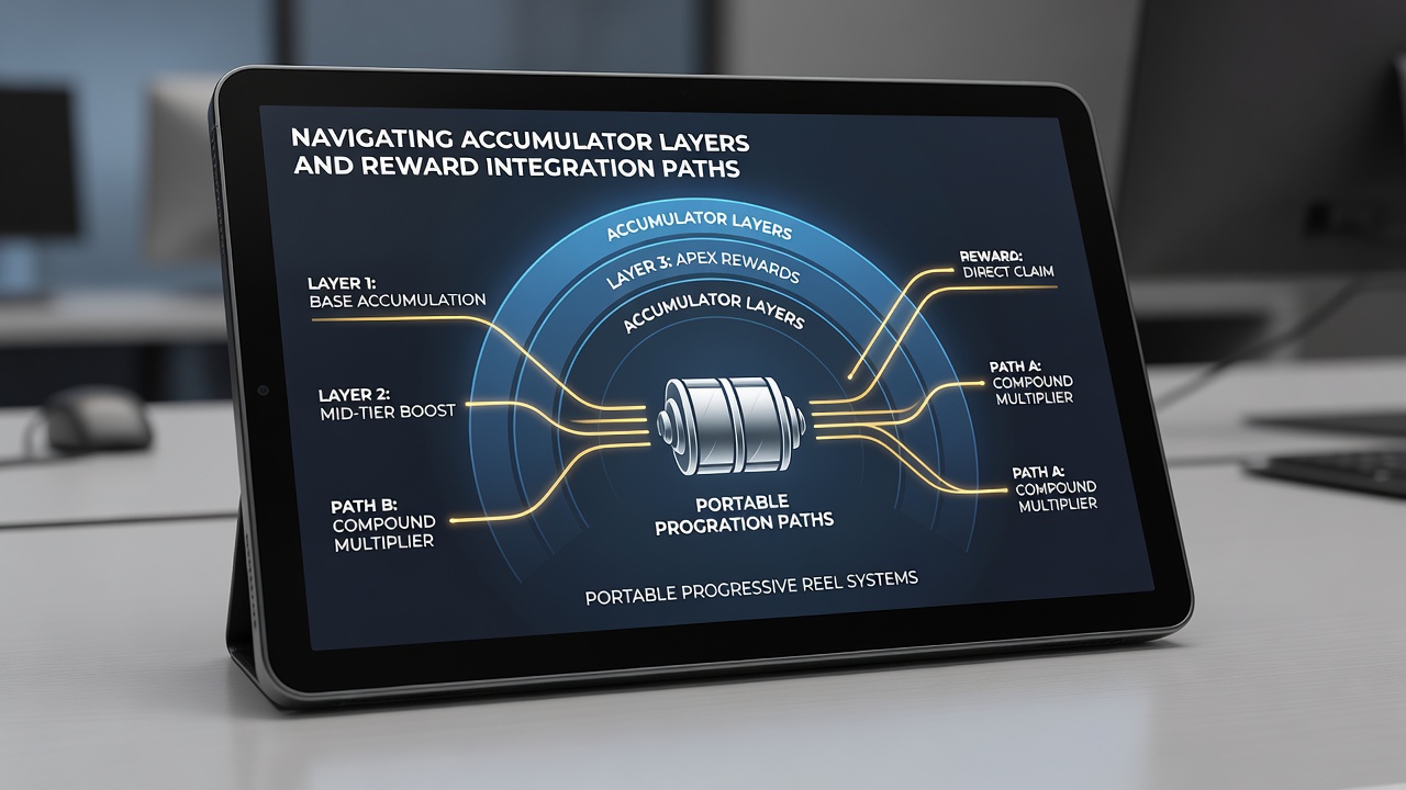 Flowchart illustrating reward integration paths connecting local device accumulators to regional and global progressive pools
