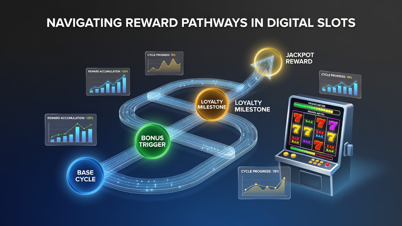 Digital interface showing tiered reward pathways and promotion cycle progress bars in online slot environments