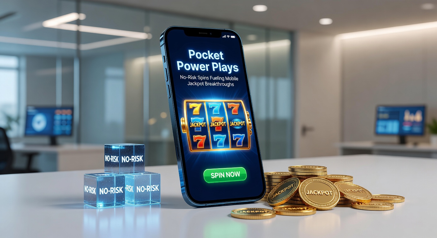 Illustration of a jackpot wheel spinning on a mobile device with no-risk free spin icons and exploding win animations