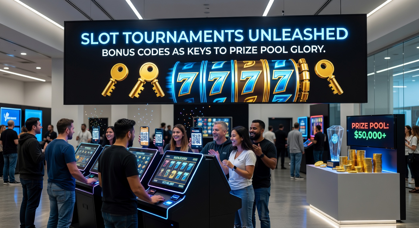 Dynamic close-up of a slot machine screen during tournament mode, bonus code overlay highlighting prize pool escalation