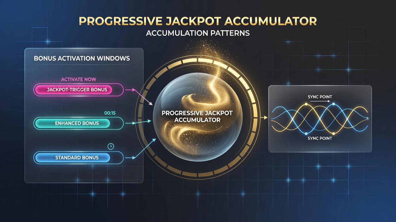Diagram showing bonus activation timelines overlaid on progressive jackpot accumulation graphs in online slot environments