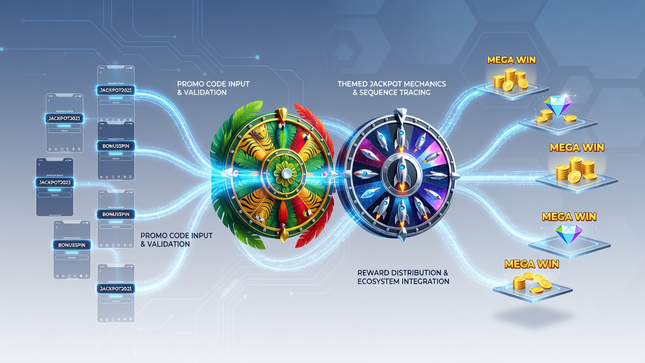 Screenshot example of a mobile game interface displaying active promo code sequence progress toward a themed jackpot