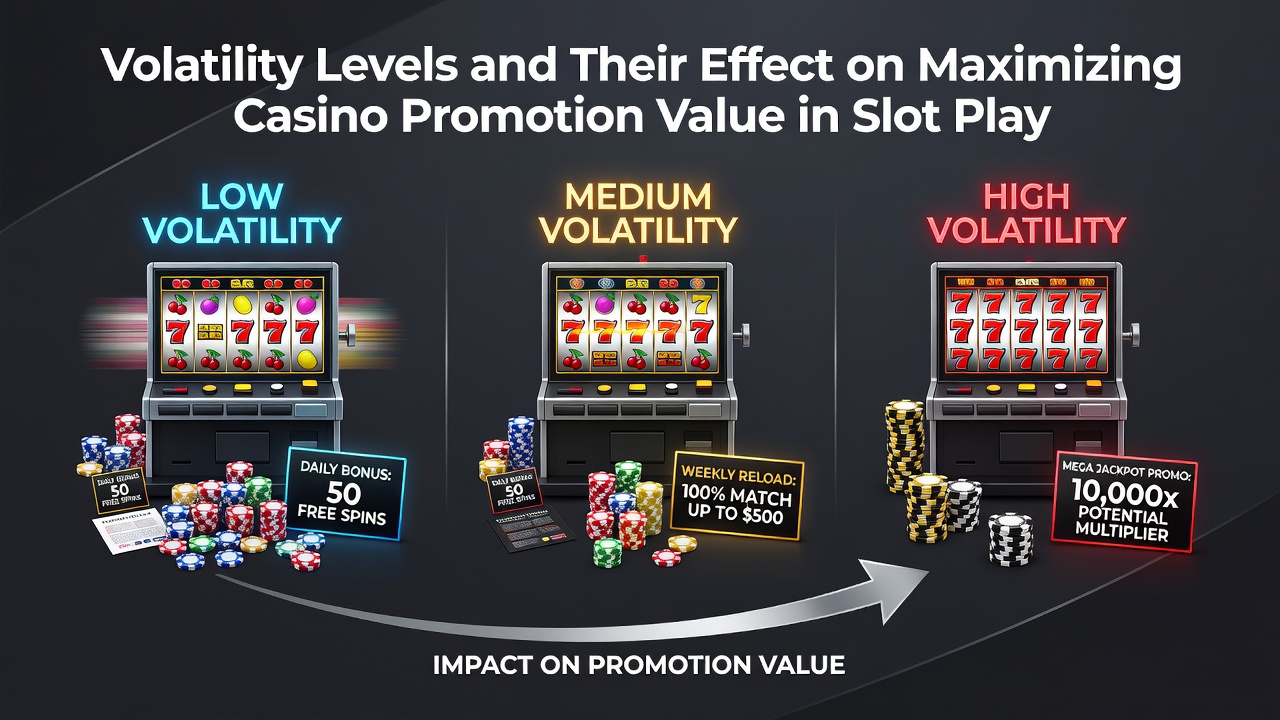 Slot machine reels displaying various volatility levels and bonus multipliers during promotional play