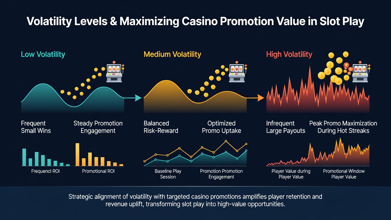 Chart comparing low, medium, and high volatility slots alongside bonus wagering progress indicators