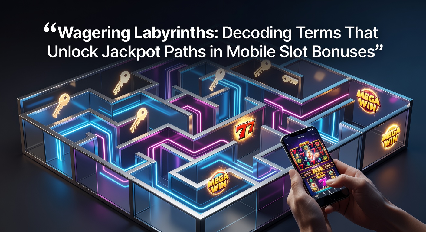 A intricate maze representing wagering requirements in mobile slot bonuses, with glowing jackpot symbols at the exit path